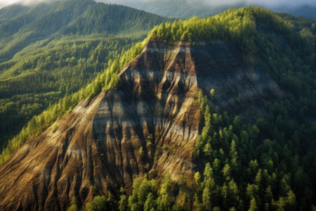 aerial view of a forest regrowth on a volcanos slope, created with generative aiの素材