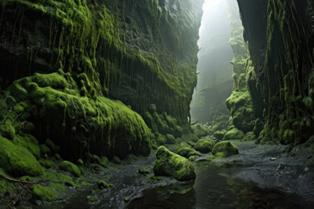 wide-angle shot of volcanic ash covered with green moss, created with generative aiの素材