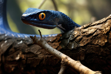 black mamba lunging towards its prey from a tree branch, created with generative aiの素材