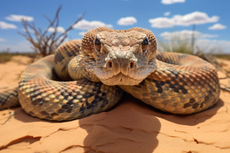 close-up of a rattlesnake about to strike in desert terrain, created with generative aiの素材