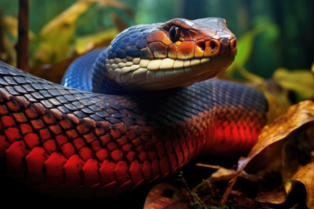 close-up of a striking king cobra in a jungle setting, created with generative aiの素材