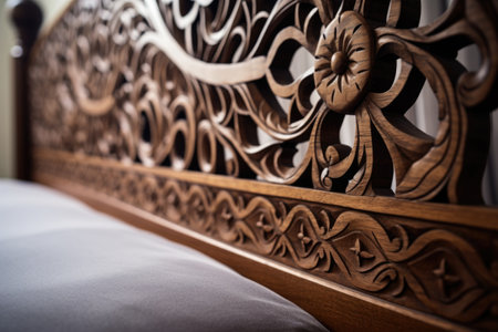 detail of a victorian-era wooden bed frame with an intricate headboard design, created with generative aiの素材