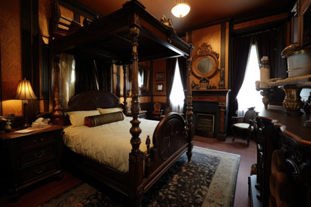 a panoramic shot of a victorian-style bedroom featuring a four-poster bed, nightstand, and armoire, created with generative aiの素材