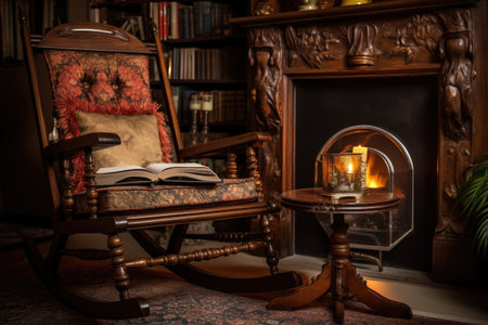 a victorian rocking chair beside a lit fireplace with a vintage book on the side table, created with generative aiの素材