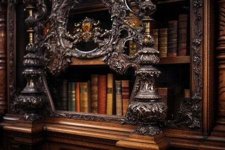 close-up shot of an ornate carved victorian wooden bookcase, created with generative aiの素材