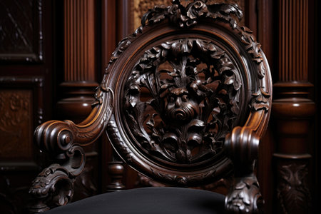 detailed close-up shot of a victorian-era, carved wooden chair, created with generative aiの素材