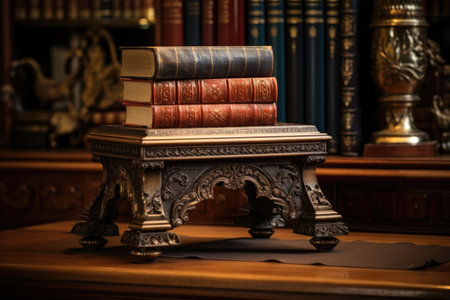 a leather-bound victorian book on an antique carved wooden bookstand, created with generative aiの素材
