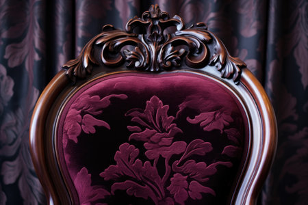 close-up of a hand-carved mahogany victorian chair with velvet upholstery, created with generative aiの素材