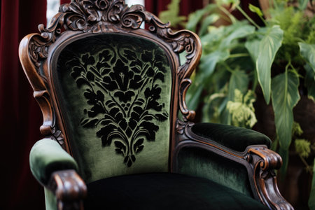 close-up of a hand-carved mahogany victorian chair with velvet upholstery, created with generative aiの素材
