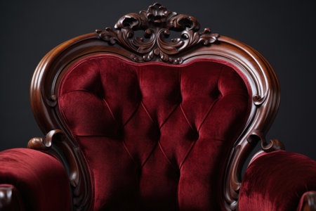 close-up of a hand-carved mahogany victorian chair with velvet upholstery, created with generative aiの素材