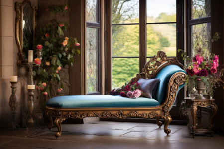 elegantly carved victorian chaise longue near a window, created with generative aiの素材