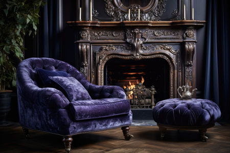 a luxurious velvet victorian armchair beside a roaring fireplace, created with generative aiの素材
