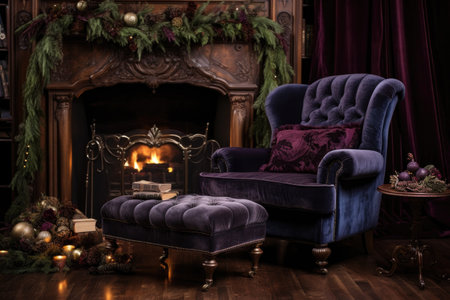 a luxurious velvet victorian armchair beside a roaring fireplace, created with generative aiの素材