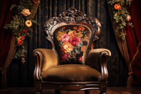 close-up of a victorian-era carved wooden chair with velvet upholstery, created with generative aiの素材