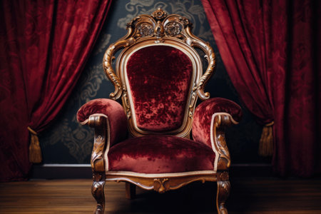 close-up of a victorian-era carved wooden chair with velvet upholstery, created with generative aiの素材