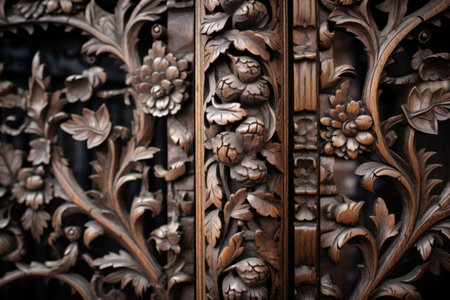detail of intricate wood carvings on a victorian era armoire, created with generative aiの素材