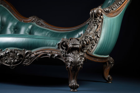 detailed shot of the carved leg of a victorian chaise lounge, created with generative aiの素材