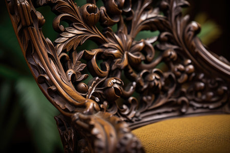 a close-up of intricate carvings on a victorian era wooden chair, created with generative aiの素材