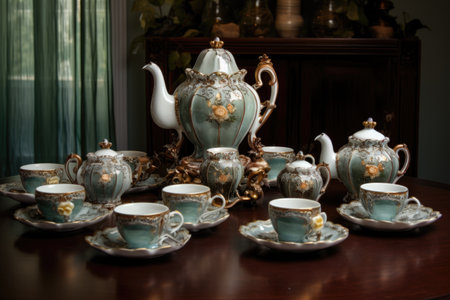 an antique victorian tea table set with porcelain cups and a teapot, created with generative aiの素材
