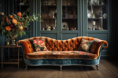 a velvet-upholstered victorian sofa in a modern setting, created with generative aiの素材