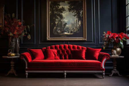 a velvet-upholstered victorian sofa in a modern setting, created with generative aiの素材