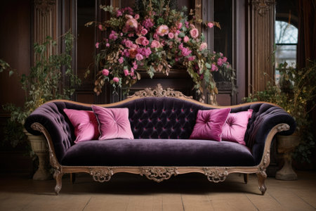 a velvet-upholstered victorian sofa in a modern setting, created with generative aiの素材