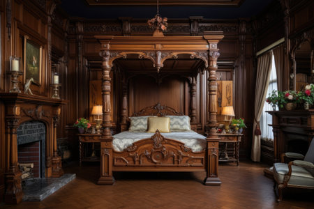 a grand victorian bedroom featuring a detailed wooden four-poster bed and nightstand, created with generative aiの素材