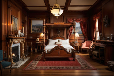 a grand victorian bedroom featuring a detailed wooden four-poster bed and nightstand, created with generative aiの素材