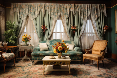 a victorian-style sitting room set with a chaise lounge, a tea table, and lace curtains, created with generative aiの素材