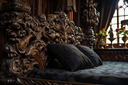close-up of a richly carved wooden victorian bed with satin beddings, created with generative aiの素材
