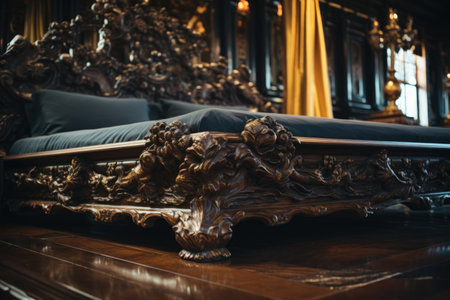 close-up of a richly carved wooden victorian bed with satin beddings, created with generative aiの素材