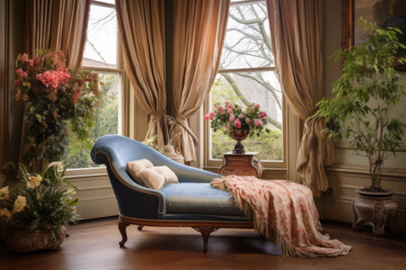 a victorian chaise lounge by a large bay window with flowing drapes, created with generative aiの素材