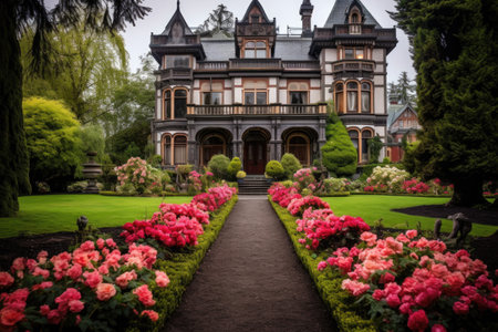 a large victorian mansion surrounded by lush gardens in full bloom, created with generative aiの素材