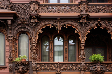 close-up of the intricate woodwork on a victorian house facade, created with generative aiの素材