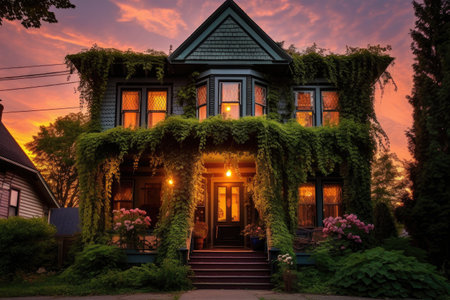 a victorian house adorned with a lush ivy curtain at sunset, created with generative aiの素材