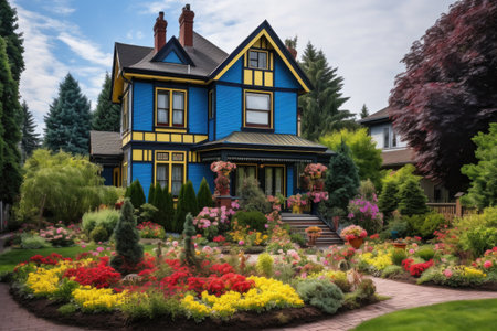 a painted victorian house in bold colors with a lush, manicured front garden, created with generative aiの素材