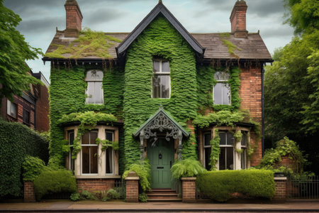 a victorian house with green ivy climbing the brick walls, created with generative aiの素材