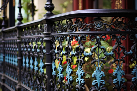 a close-up of intricate wrought iron railings of a victorian porch, created with generative aiの素材