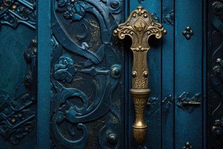 close-up of an ornate victorian door with brass handle, created with generative aiの素材
