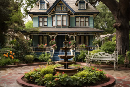 a victorian house with a wooden deck and a water fountain in the front yard, created with generative aiの素材
