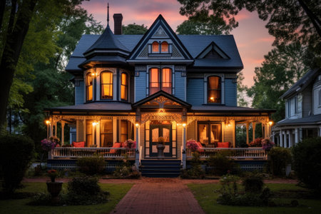 victorian house at dusk, with porch lights softly illuminating the exterior, created with generative aiの素材