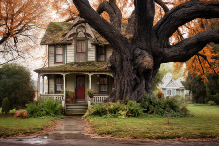 a victorian house with a large, old tree in the yard, created with generative aiの素材