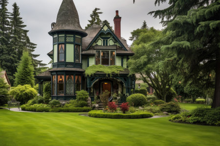 a victorian house with a turret and a lush green lawn, created with generative aiの素材