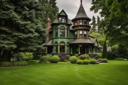 a victorian house with a turret and a lush green lawn, created with generative aiの素材