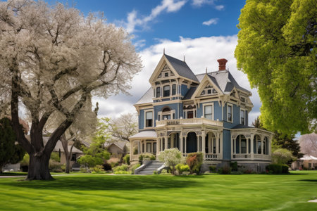 a grand victorian house with a sprawling grassy front yard, under clear blue skies, created with generative aiの素材