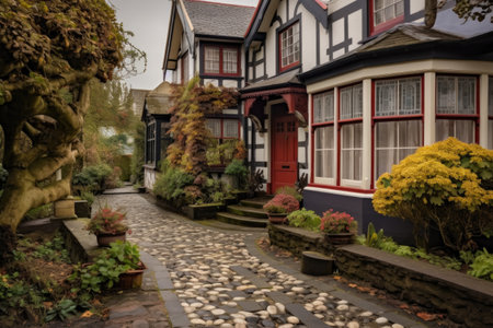 a victorian house with a cobblestone pathway leading to the front door, created with generative aiの素材