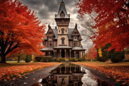 a victorian mansion with a tall tower, surrounded by autumn foliage, created with generative aiの素材