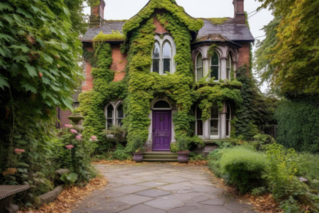 victorian house with climbing ivy and a stone pathway leading to the entrance, created with generative aiの素材