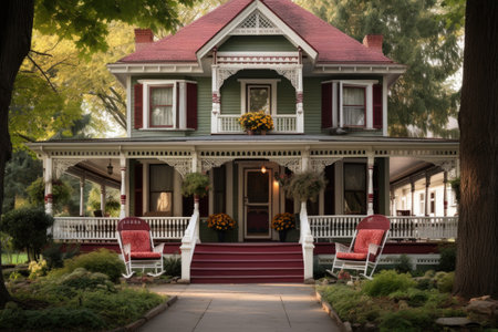 victorian house with a wrap-around porch, complete with rocking chairs, created with generative aiの素材