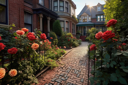 a cobblestone pathway leading to a brick victorian house with a rose garden, created with generative aiの素材